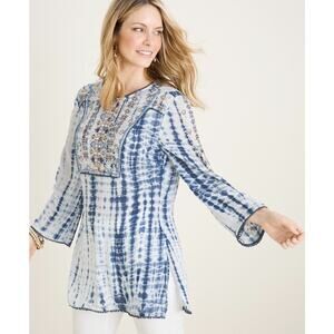 Chicos Embellished Tie-Dye Top Size 3P Blue Beaded 3/4 Sleeve